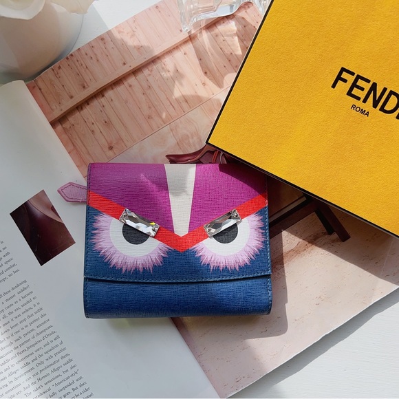 Fendi Monster Trifold Wallet Leather with Crystals Compact - Picture 1 of 4